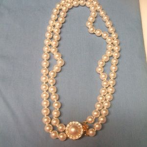 Faux Pearl Cabochon Crystal Double Strand Necklace